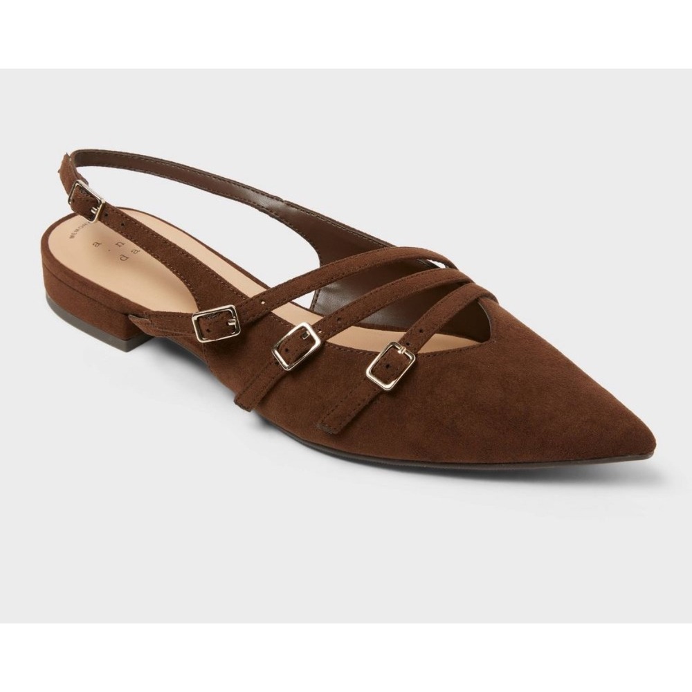 A New Day Womens Brown Pointed Toe Buckle Slingback Flats Memory Foam Size 7